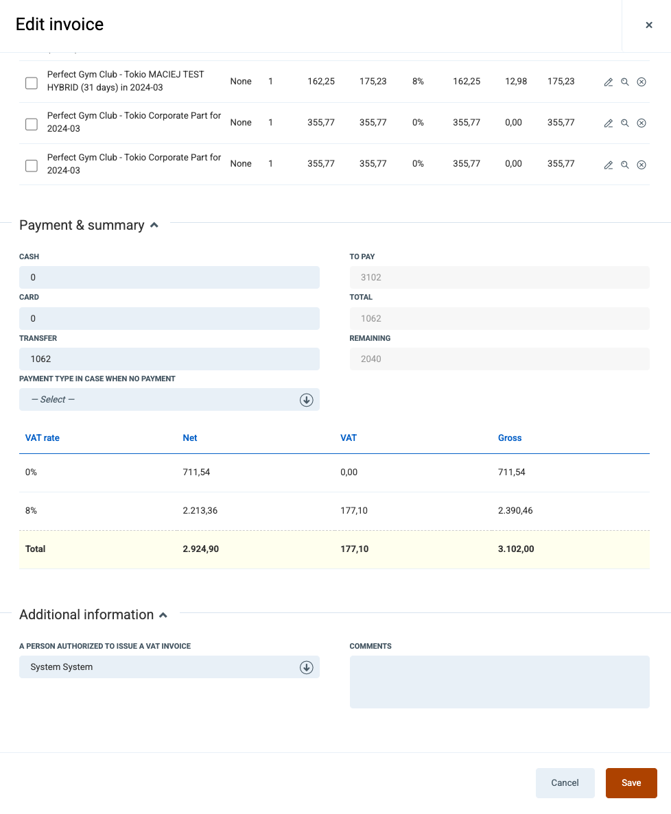 Edit invoice modal - payment & summary and additional information