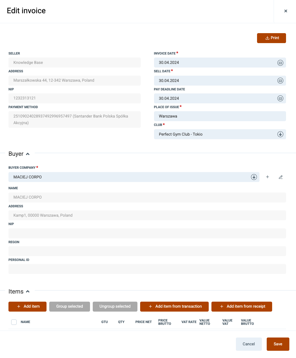 Edit invoice modal - header, buyer and items