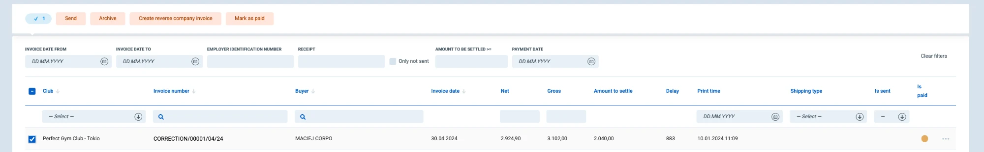 Action bar shown when invoices are selected